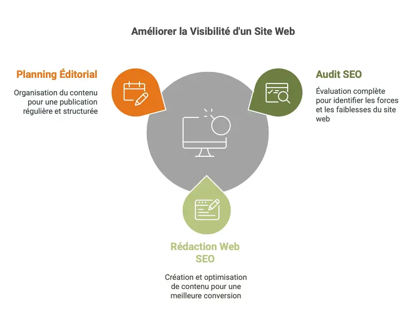 Une infographie représentant 3 services SEO : Audit SEO, planning éditorial et rédaction web SEO.