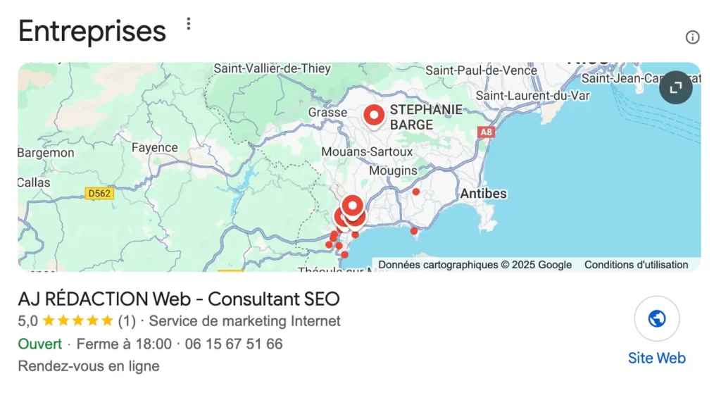 Capture d’écran de la fiche GBP de AJ RÉDACTION WEB présente dans le pack local.